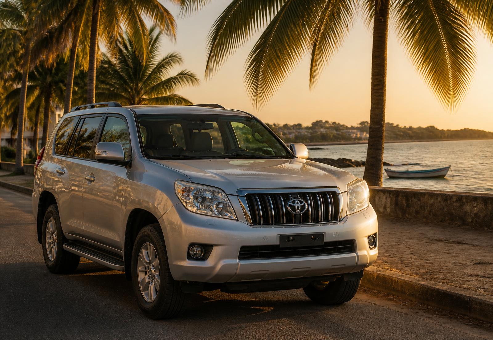 A clean SUV parked on a palm-lined coastal road in Mombasa at sunset